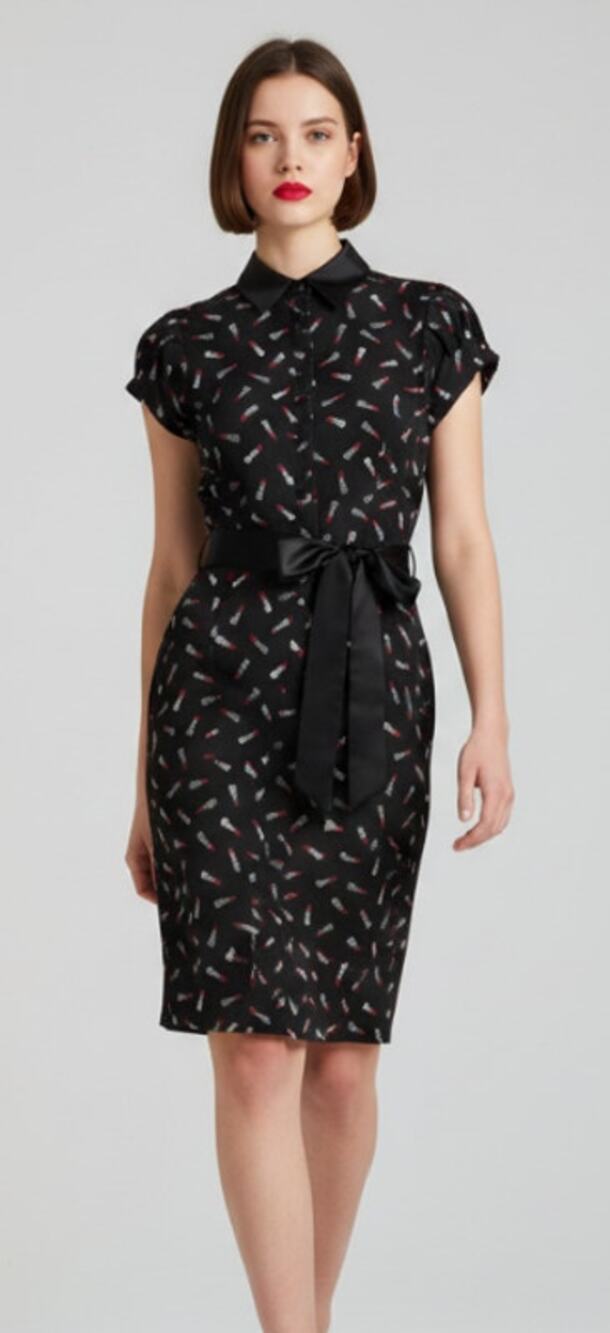 BEBE WOMENS MEDIUM LIPSTICK PRINT SILK SHIRT DRESS PUFF SLEEVE BLACK NEW